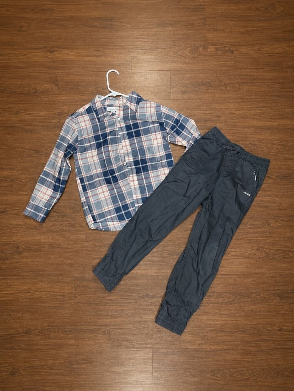 Boys Size 8 Set - Blue Plaid Button-Up Shirt and Dark Gray Jogger